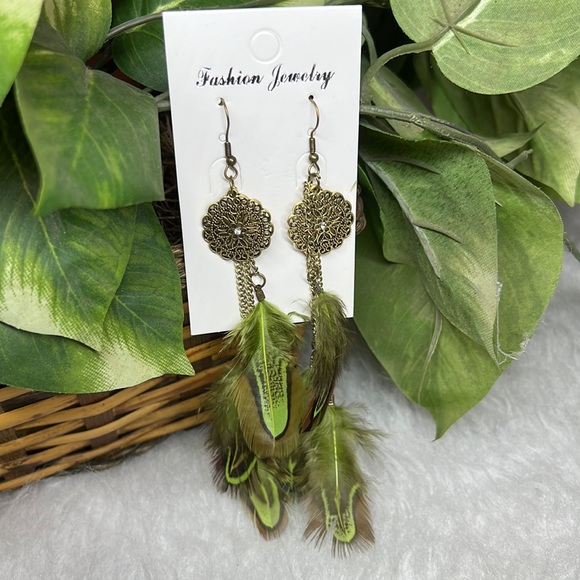 None Jewelry - FEATHER DANGLE Earrings Green Brown Medallion Gold Toned  NWT